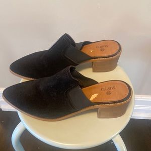 Size 11 Black suede block heel mules